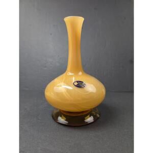 VTG 80s White Cristal Hand Blown Footed Art Vase Amber Caramel Swirl Italy